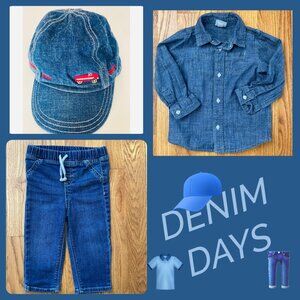 BUNDLE: 12-18M 3-piece denim button-up shirt, pants & cap set in good condition